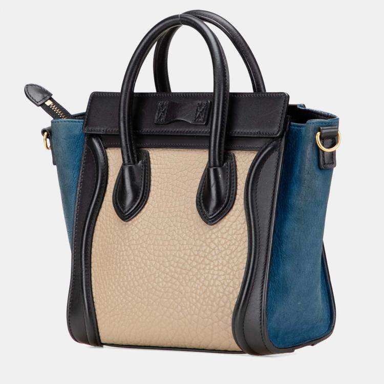 Pre Owned Celine Beige Black Nano Tricolor Nubuck and Calfskin Luggage Tote