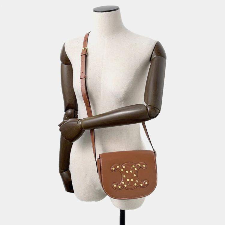 Pre Owned Celine Cuir Folco Triomphe Shoulder Bag Tan Calf Leather