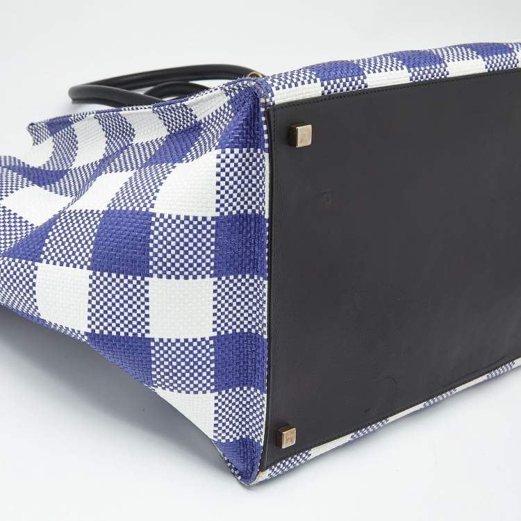 Pre Owned Celine Purple/White Gingham Woven Straw Medium Phantom Luggage Tote