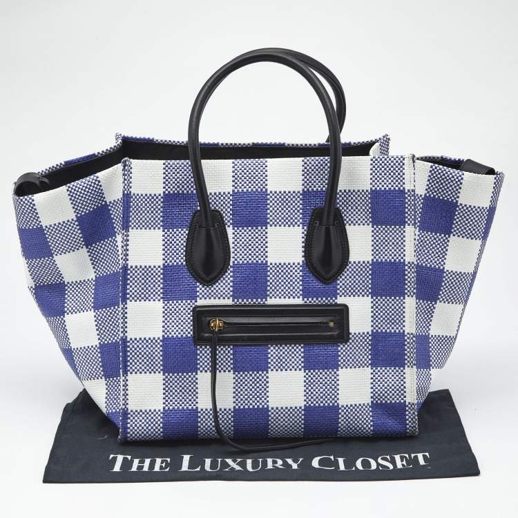 Pre Owned Celine Purple/White Gingham Woven Straw Medium Phantom Luggage Tote