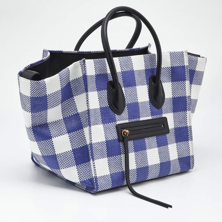 Pre Owned Celine Purple/White Gingham Woven Straw Medium Phantom Luggage Tote