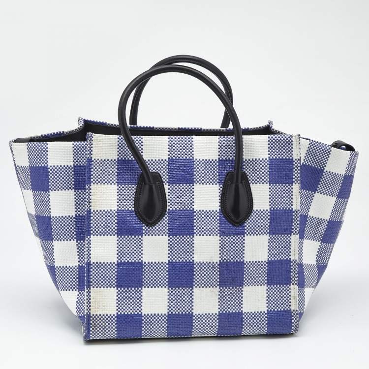 Pre Owned Celine Purple/White Gingham Woven Straw Medium Phantom Luggage Tote