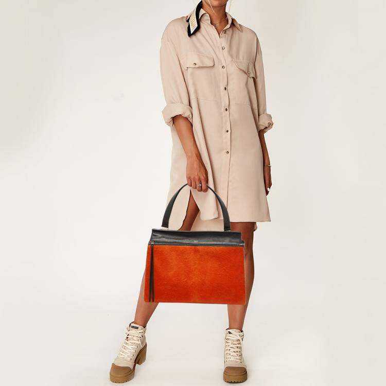 Pre Owned Celine Black/Orange Calf Hair and Leather Medium Edge Top Handle Bag