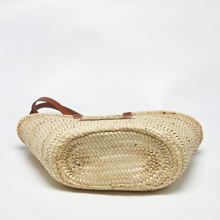 Pre Owned Celine Beige/Brown Woven Raffia and Leather Large Triomphe Panier Bag