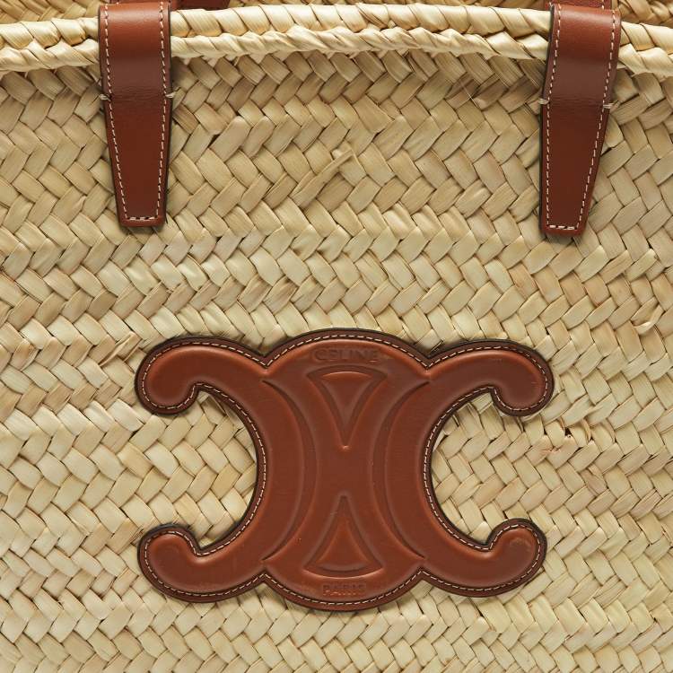 Pre Owned Celine Beige/Brown Woven Raffia and Leather Large Triomphe Panier Bag