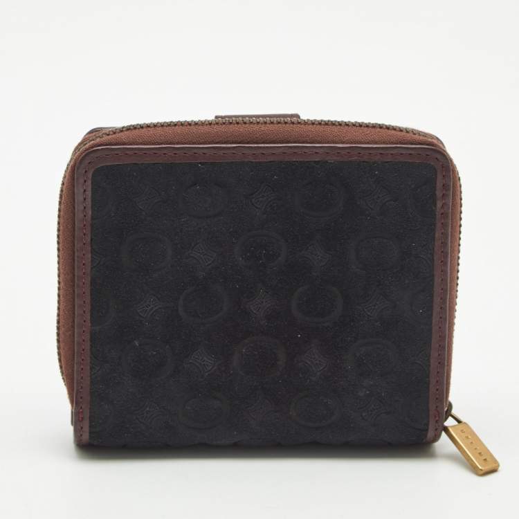 Pre Owned Celine Black/Burgundy Macadam Suede and Leather Zip Around Compact Wallet