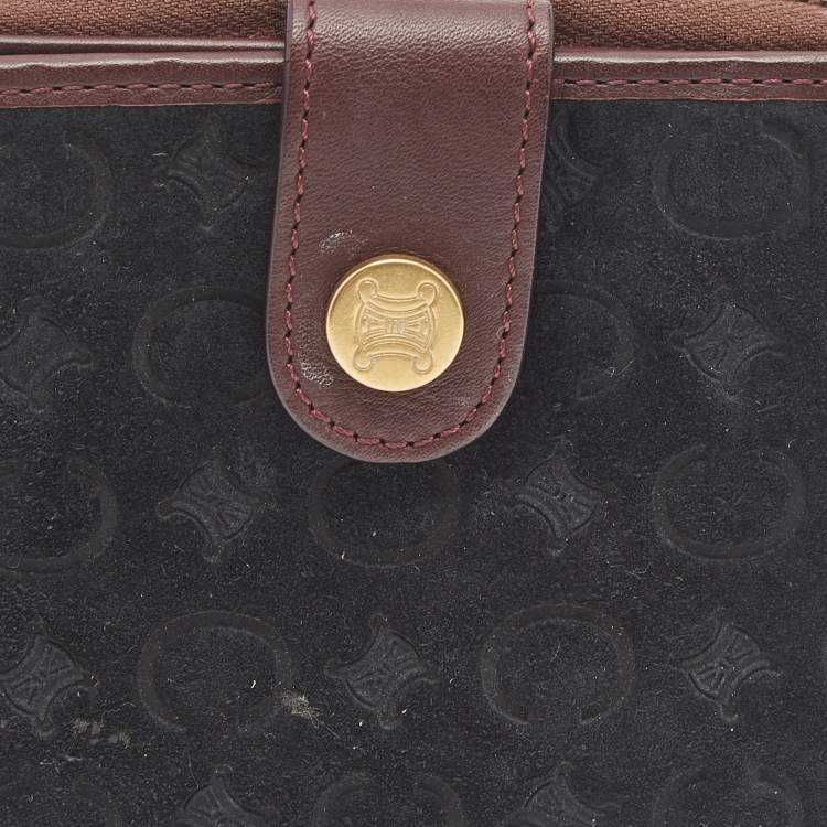 Pre Owned Celine Black/Burgundy Macadam Suede and Leather Zip Around Compact Wallet