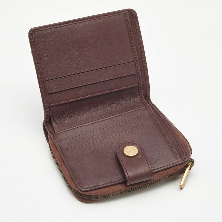 Pre Owned Celine Black/Burgundy Macadam Suede and Leather Zip Around Compact Wallet