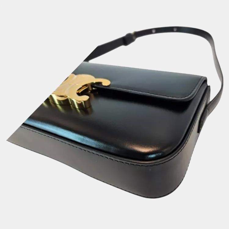 Pre Owned Celine Triomphe Black Shiny Calfskin Shoulder Bag