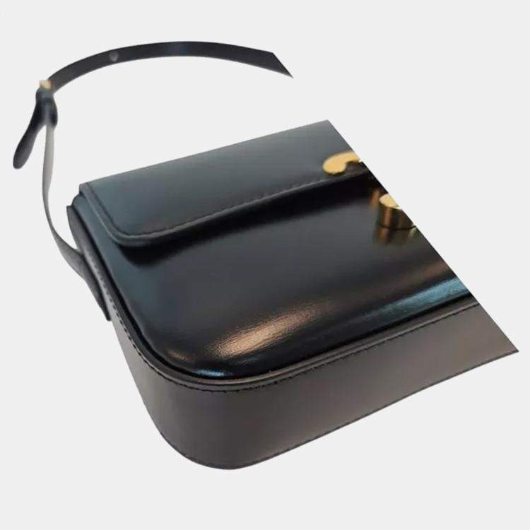 Pre Owned Celine Triomphe Black Shiny Calfskin Shoulder Bag