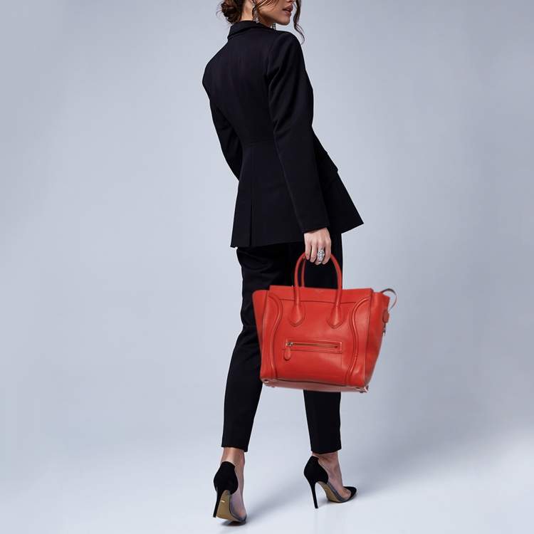 Pre Owned Celine Neon Orange Leather Mini Luggage Tote