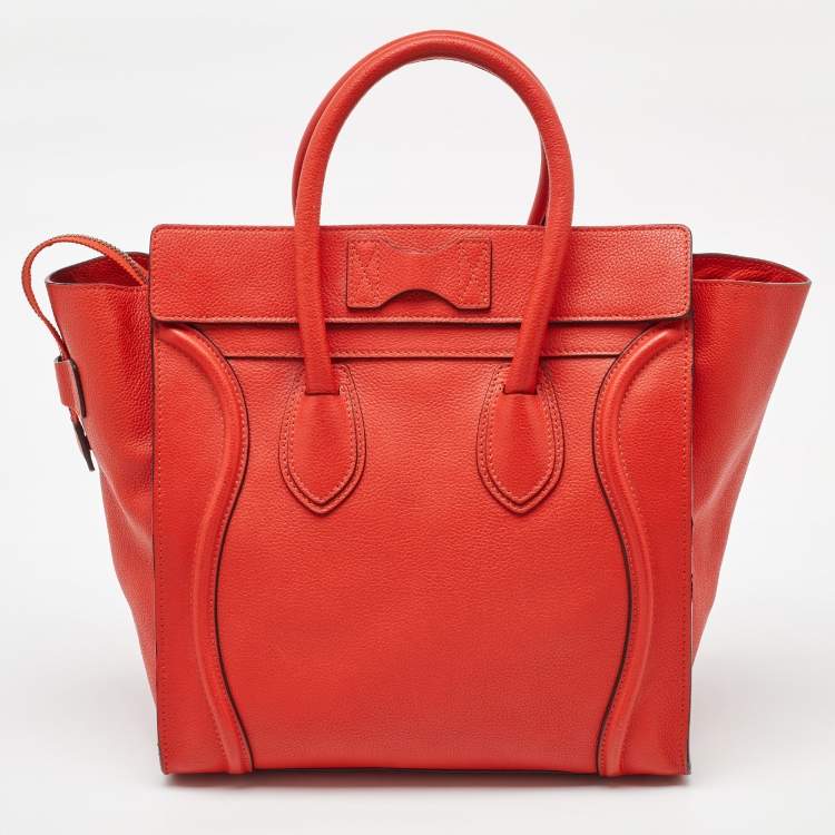 Pre Owned Celine Neon Orange Leather Mini Luggage Tote