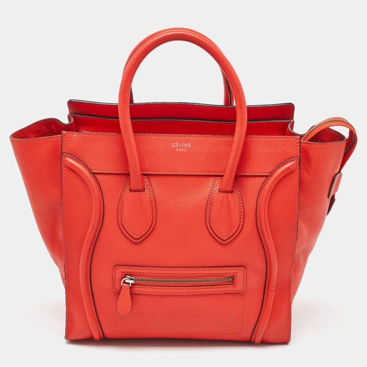 Pre Owned Celine Neon Orange Leather Mini Luggage Tote
