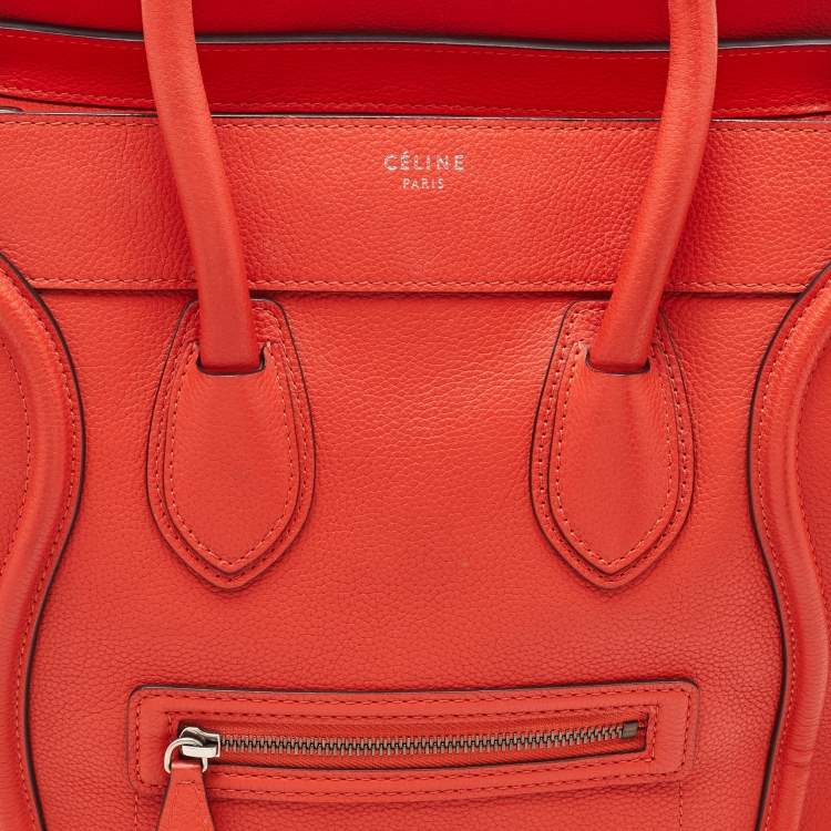 Pre Owned Celine Neon Orange Leather Mini Luggage Tote