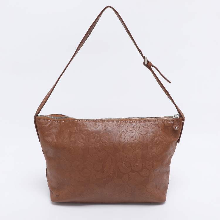 Pre Owned Celine Brown Floral Embossed Leather Vintage Shoulder Bag