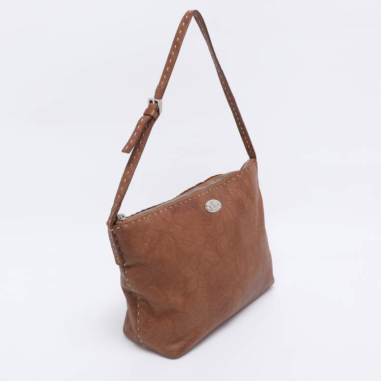 Pre Owned Celine Brown Floral Embossed Leather Vintage Shoulder Bag