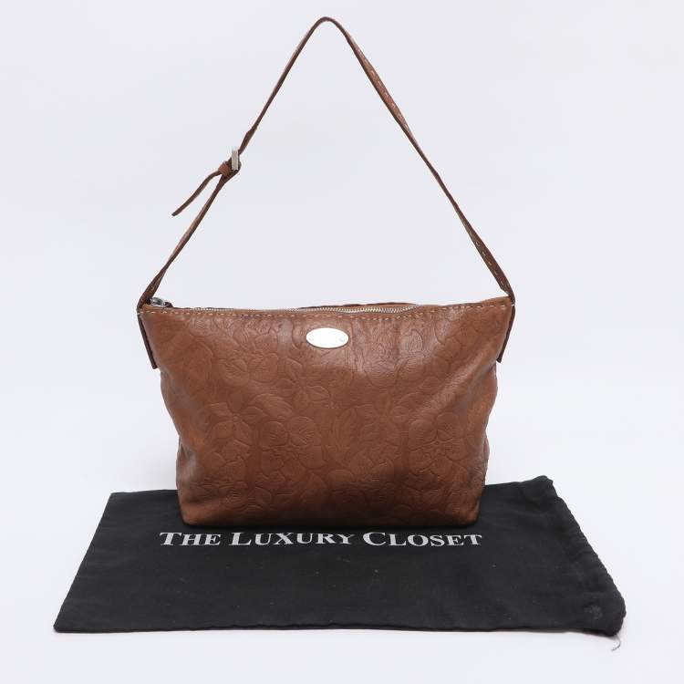 Pre Owned Celine Brown Floral Embossed Leather Vintage Shoulder Bag