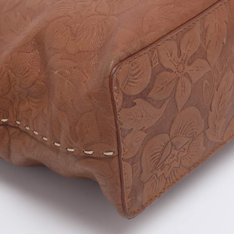 Pre Owned Celine Brown Floral Embossed Leather Vintage Shoulder Bag