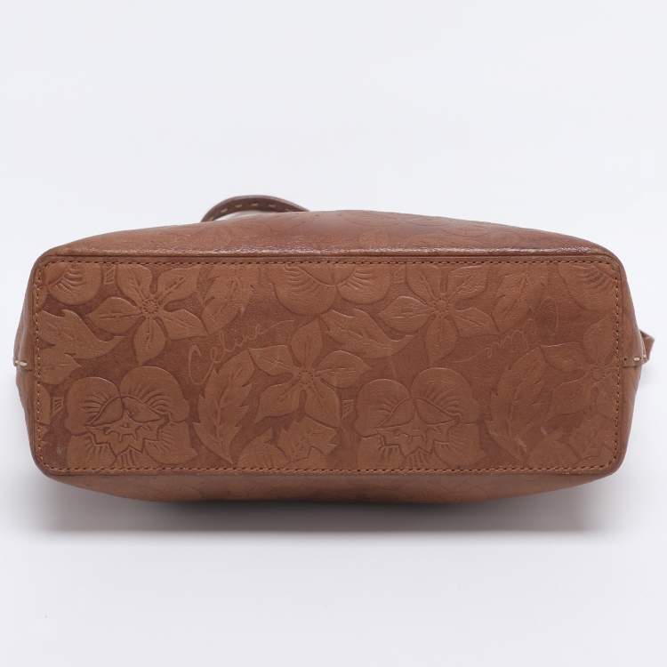 Pre Owned Celine Brown Floral Embossed Leather Vintage Shoulder Bag