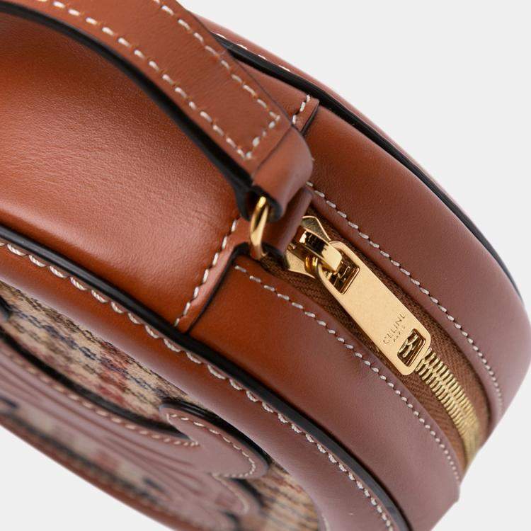Pre Owned Celine Brown Small Canvas and Calfskin Cuir Triomphe Houndstooth Oval Crossbody