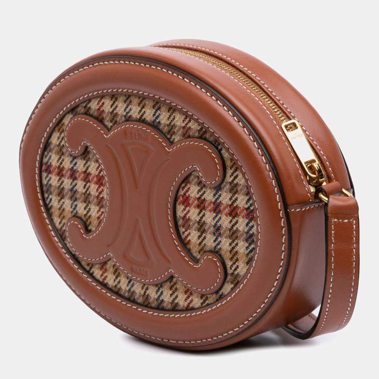 Pre Owned Celine Brown Small Canvas and Calfskin Cuir Triomphe Houndstooth Oval Crossbody