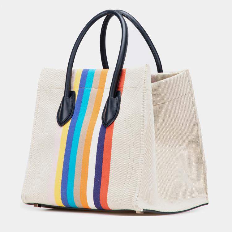 Pre Owned Celine Beige Medium Striped Canvas Phantom Luggage Tote