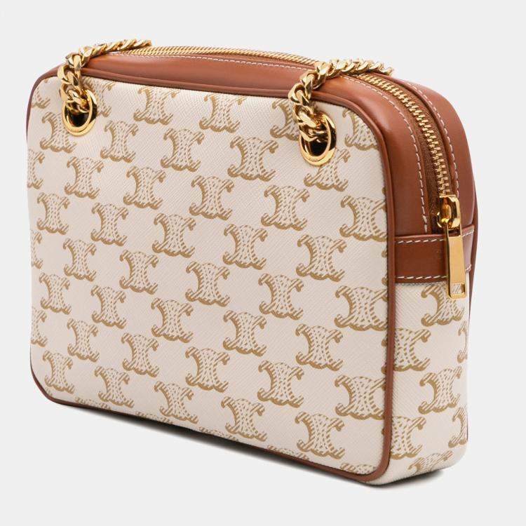 Pre Owned Celine White Small Triomphe Coated Canvas Patapans Shoulder Bag