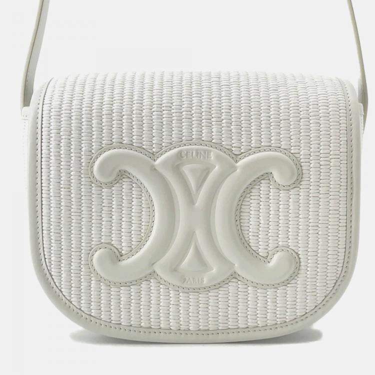 Pre Owned Celine Triomphe White Raffia Leather Shoulder Bag