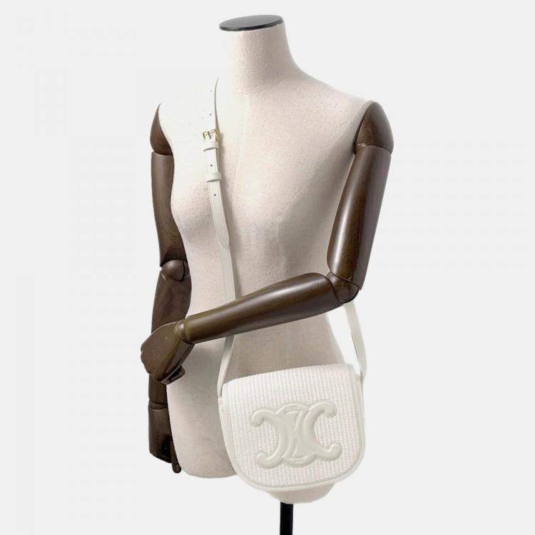 Pre Owned Celine Triomphe White Raffia Leather Shoulder Bag