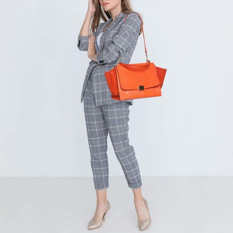 Pre Owned Celine Orange Python and Suede Medium Trapeze Bag