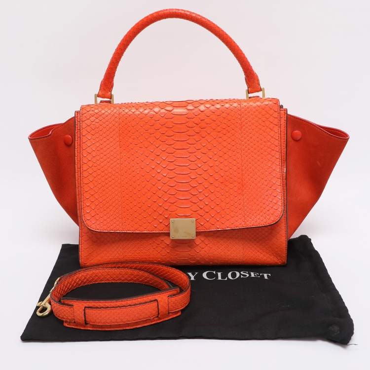 Pre Owned Celine Orange Python and Suede Medium Trapeze Bag