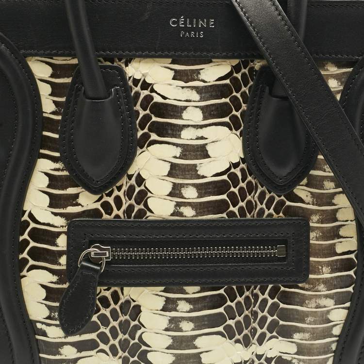 Pre Owned Celine Black/Beige Watersnake and Leather Nano Luggage Tote