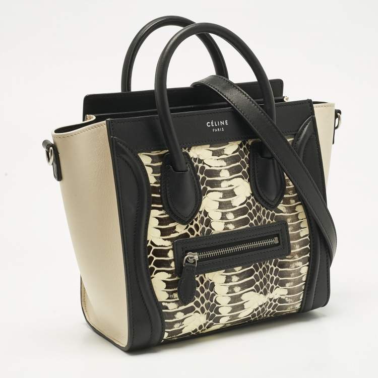 Pre Owned Celine Black/Beige Watersnake and Leather Nano Luggage Tote