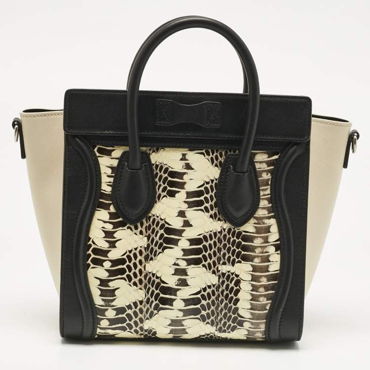 Pre Owned Celine Black/Beige Watersnake and Leather Nano Luggage Tote