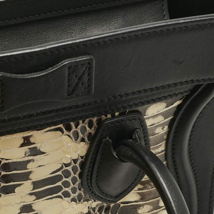 Pre Owned Celine Black/Beige Watersnake and Leather Nano Luggage Tote