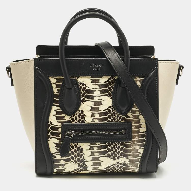 Pre Owned Celine Black/Beige Watersnake and Leather Nano Luggage Tote