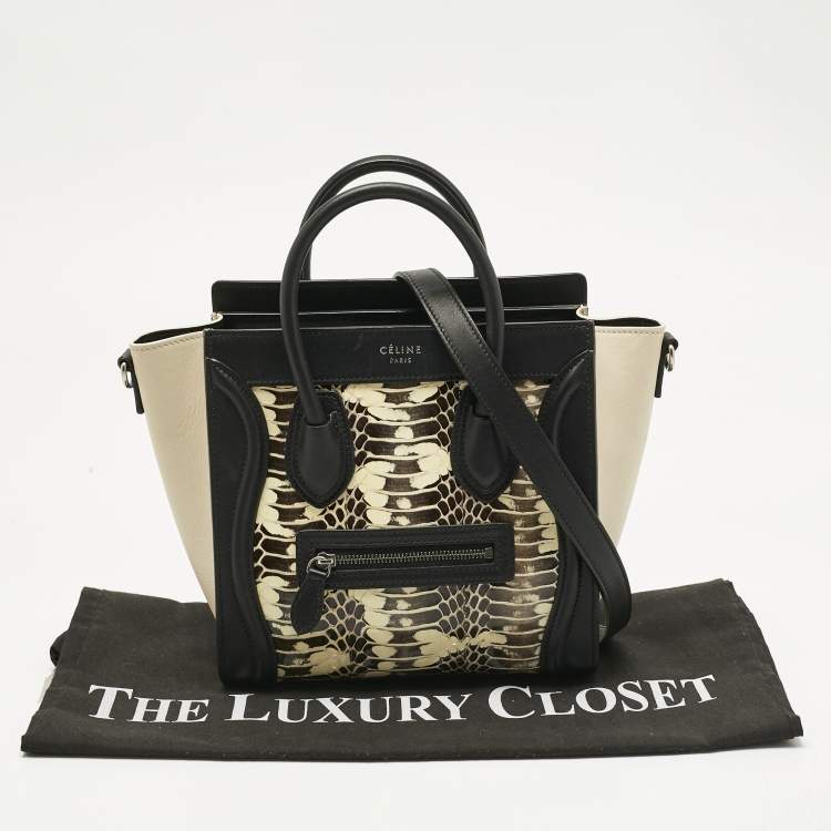 Pre Owned Celine Black/Beige Watersnake and Leather Nano Luggage Tote