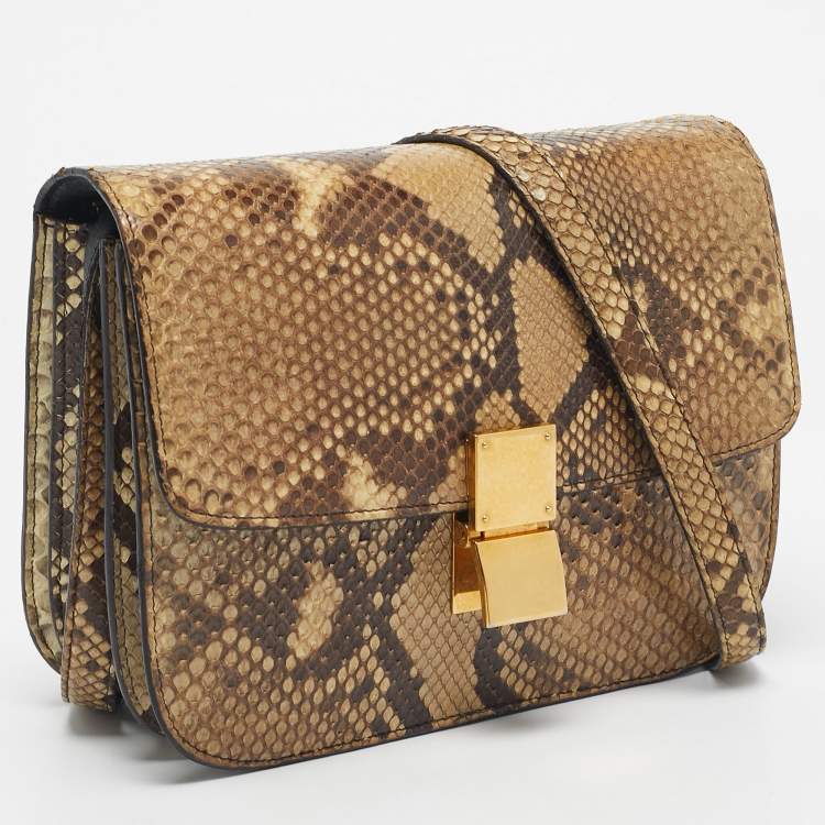 Pre Owned Celine Beige Python Medium Classic Box Shoulder Bag