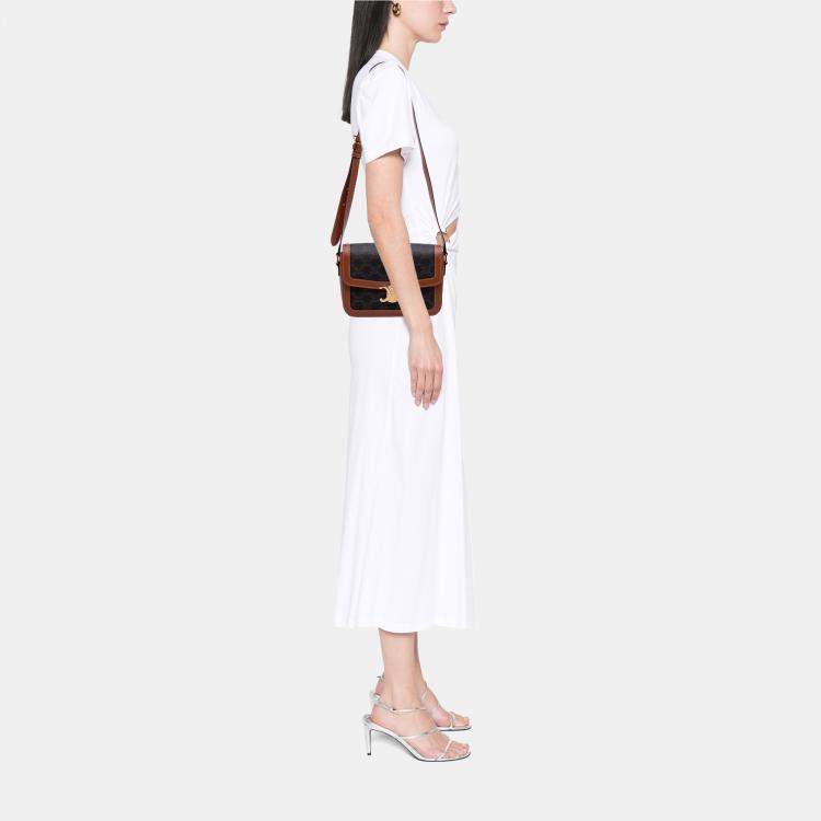 Pre Owned Celine Brown Classique Triomphe Coated Canvas and Calfskin Triomphe Crossbody