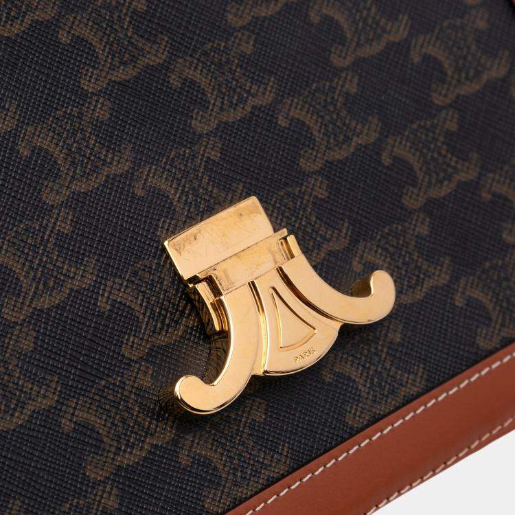 Pre Owned Celine Brown Classique Triomphe Coated Canvas and Calfskin Triomphe Crossbody