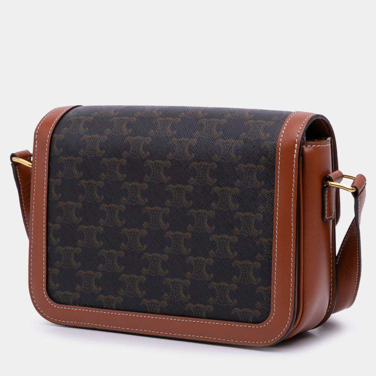 Pre Owned Celine Brown Classique Triomphe Coated Canvas and Calfskin Triomphe Crossbody