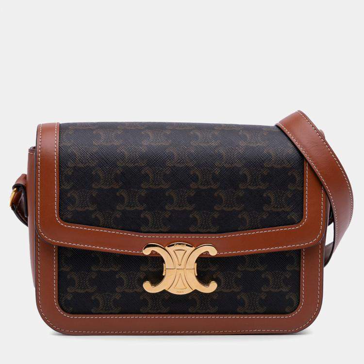 Pre Owned Celine Brown Classique Triomphe Coated Canvas and Calfskin Triomphe Crossbody