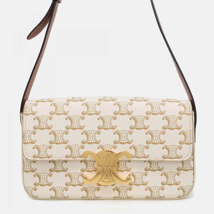 Pre Owned Celine Claude Triomphe One Shoulder Bag White PVC Calf Leather