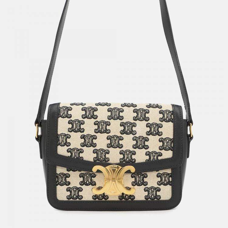 Pre Owned Celine Triomphe Teen Shoulder Bag Black/Beige Canvas Leather