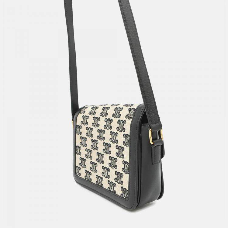 Pre Owned Celine Triomphe Teen Shoulder Bag Black/Beige Canvas Leather