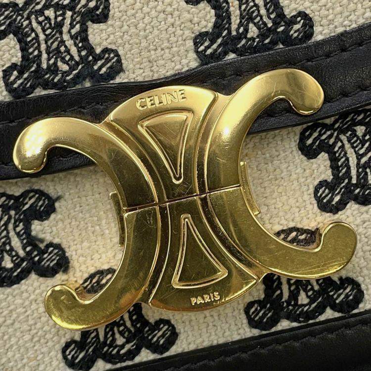 Pre Owned Celine Triomphe Teen Shoulder Bag Black/Beige Canvas Leather