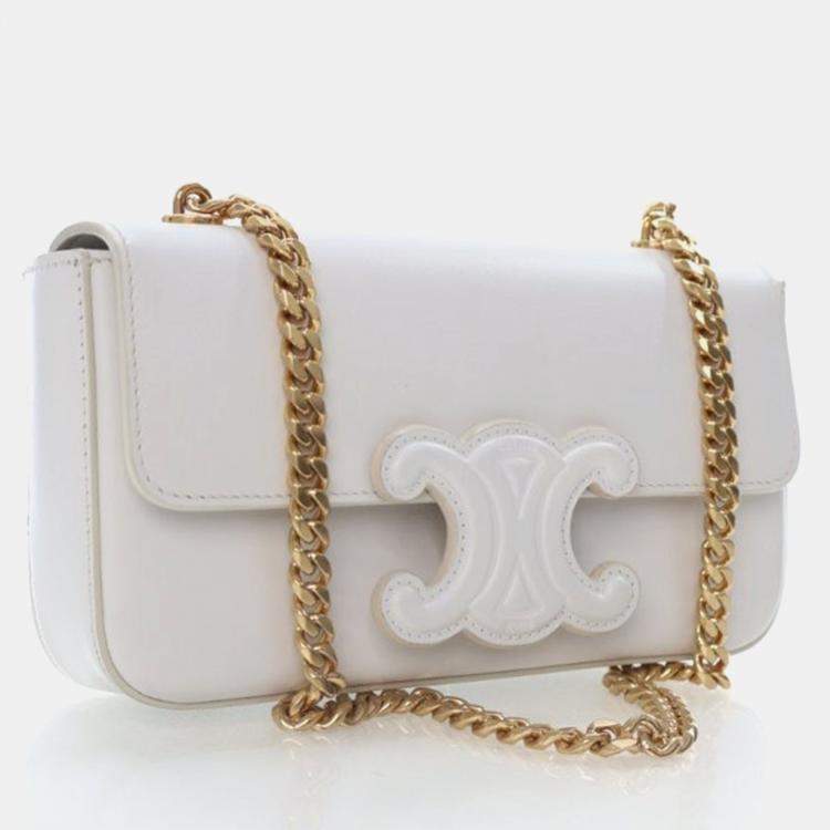 Pre Owned Celine Triomphe White Calfskin Shoulder Bag