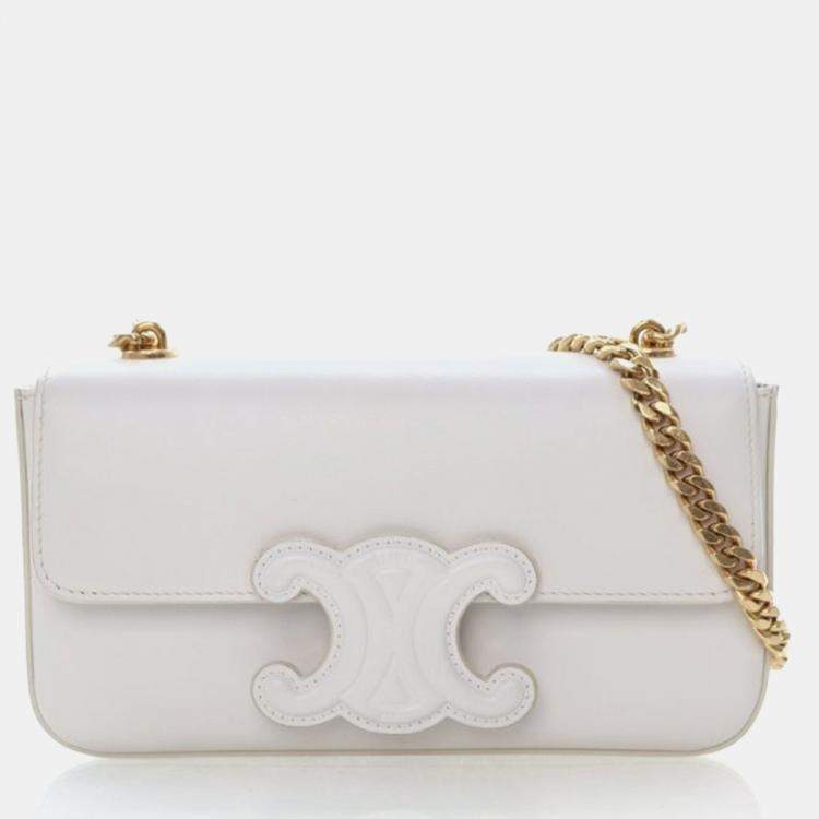 Pre Owned Celine Triomphe White Calfskin Shoulder Bag