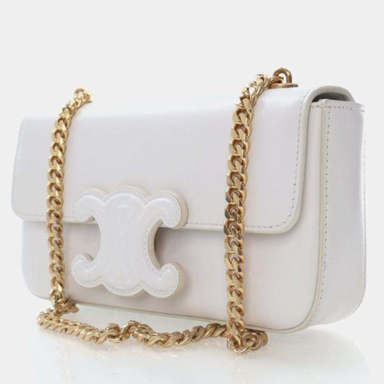 Pre Owned Celine Triomphe White Calfskin Shoulder Bag