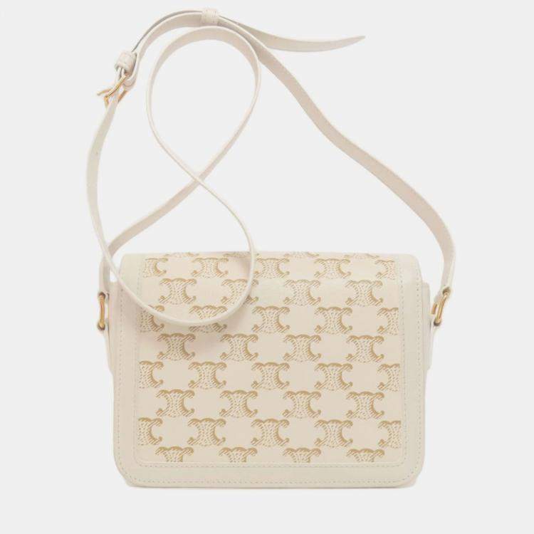 Pre Owned Celine Teen Triomphe White Calfskin/PVC Shoulder Bag